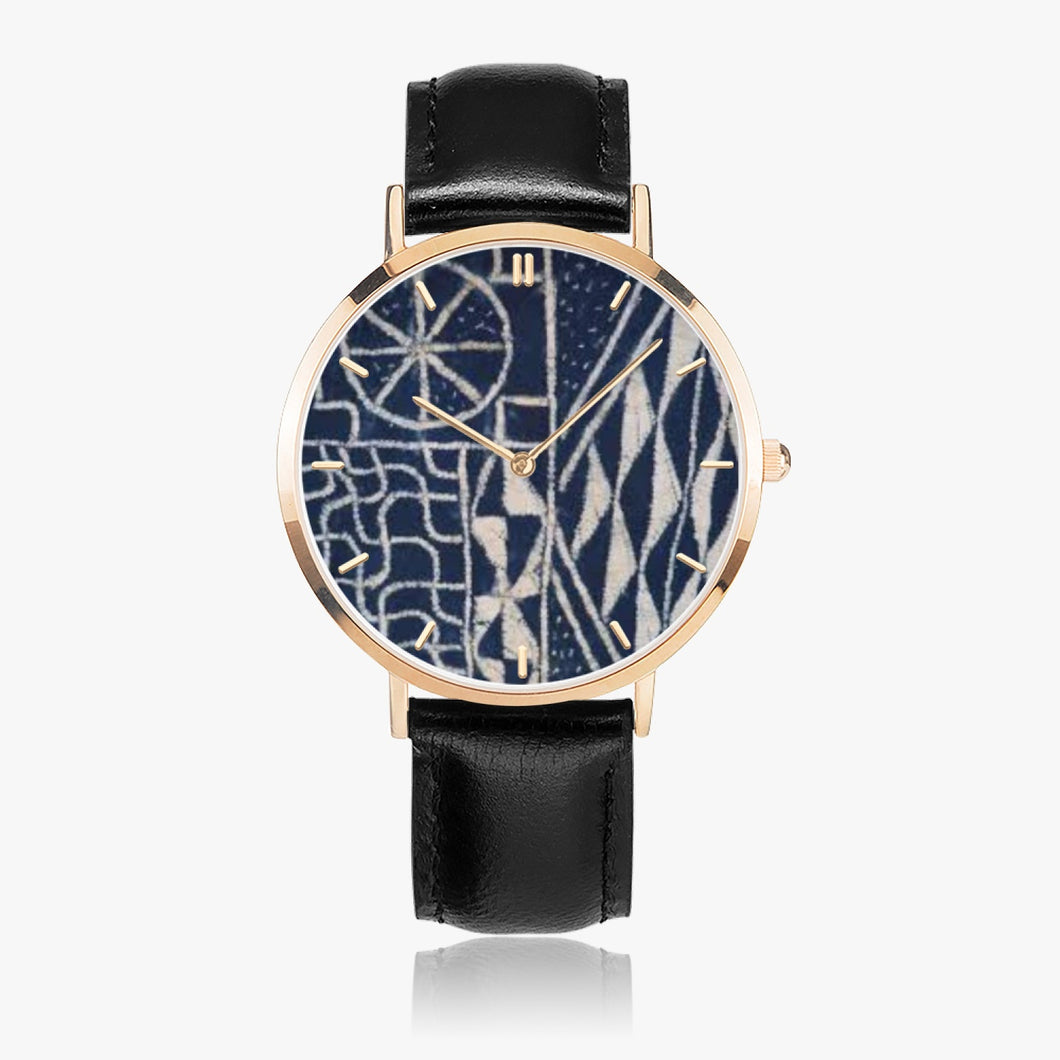 Afro print Ndop Leather Strap Quartz Watch (Rose Gold With Indicators)