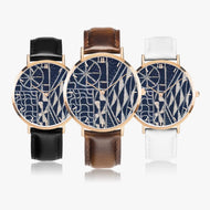 Afro print Ndop Leather Strap Quartz Watch (Rose Gold With Indicators)