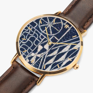 Afro print Ndop Leather Strap Quartz Watch (Rose Gold With Indicators)