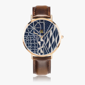 Afro print Ndop Leather Strap Quartz Watch (Rose Gold)